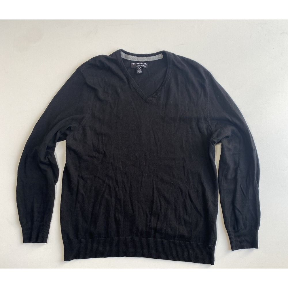 Commerce Men's Medium Cotton Cashmere Pullover Sweater Black V-Neck Minimalist